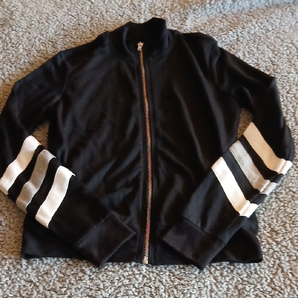 Black Zip-Up Jacket with White Striped Sleeves